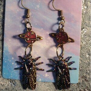 Cicada planet oil slick rainbow earrings dangles